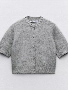 Zara Gray Wool Blend Bejeweled Collar Short Sleeve Cardigan Sweater Size M